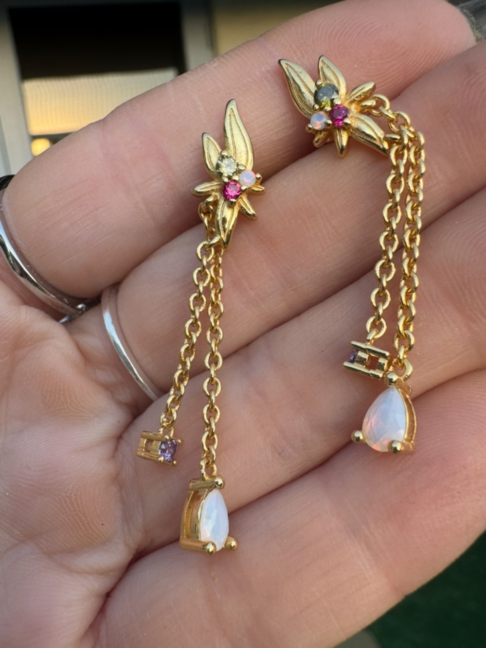 Gold Floral Drop Earrings with Multicolored Gemstones NEW